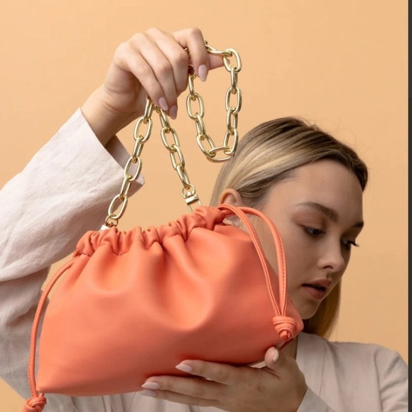 New Jules Kae Brea Bag Gold Chain Vegan Leather Draw String Small Bag Orange - Picture 2 of 4